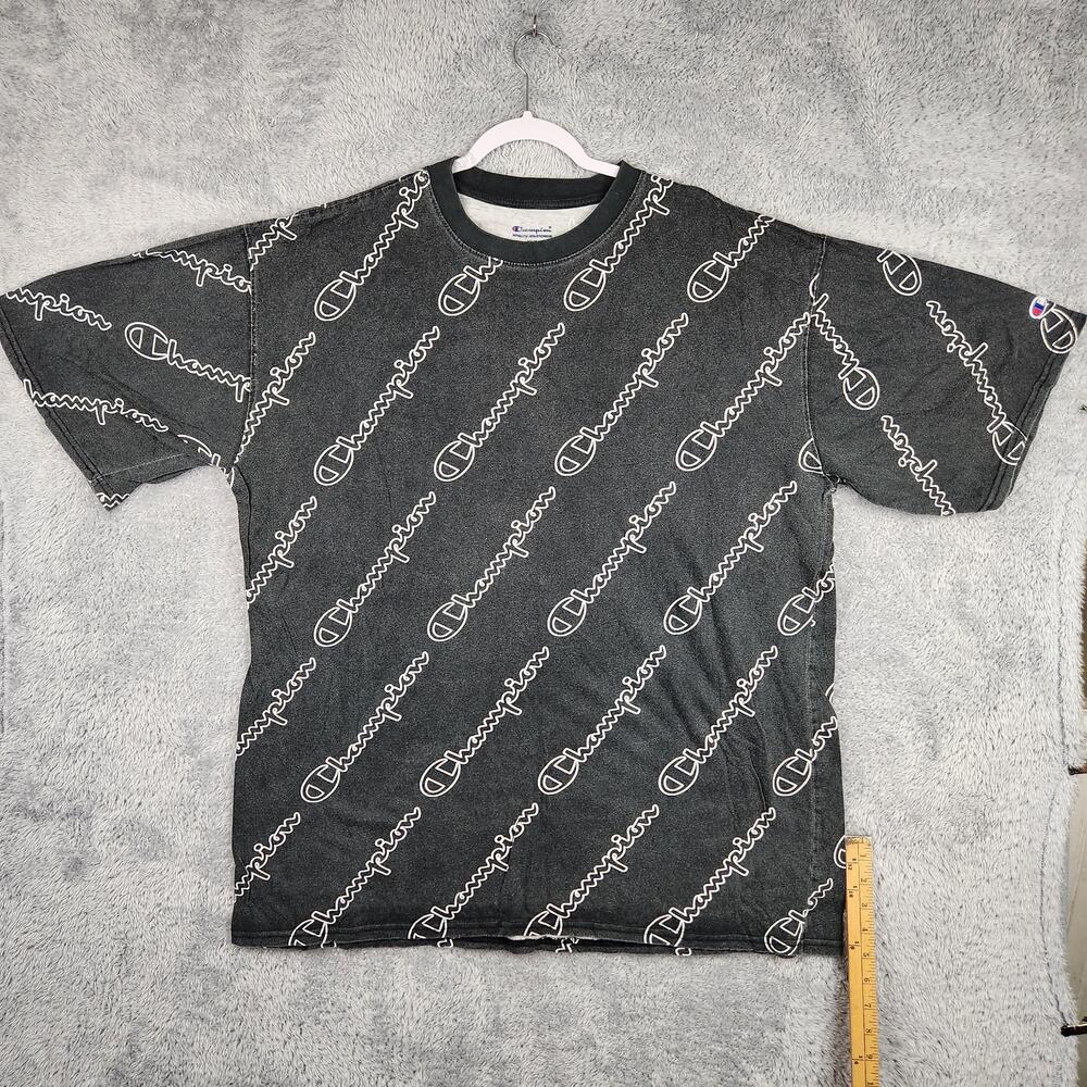 Champion Shirt Mens XLT Tall Gray All Over Script Logo Graphic Big Tee Athletic